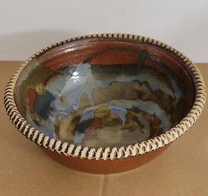 Vintage Ceramic Art Pottery Bowl Glazed Hand-Painted Rope-Like Edge - Picture 1 of 8
