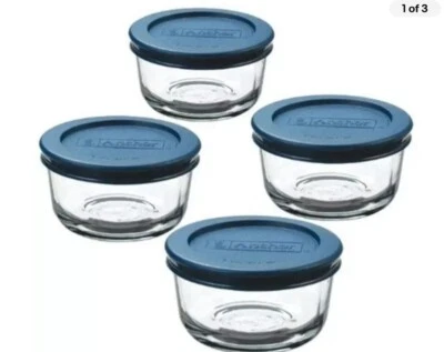 Anchor Hocking Round Glass Storage Container Blue Lids Set Of 4 1-Cup Capacity - Image 1 of 3
