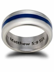 Men's Stainless Steel Thin Blue Line Ring-Matthew 5:9 Shields of Strength - Picture 1 of 8