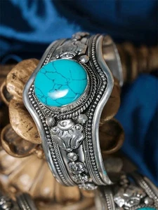 Men's tibet silver inlay turquoise cuff bracelet H701 - Picture 1 of 8