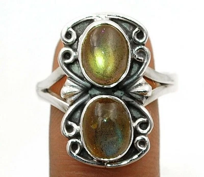 Anillo de plata esterlina maciza 925 labradorita fuego azul natural talla 8,5 @7-8 Foto 1 de 2