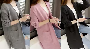 Women's Casual Open Front Cardigan Long Sleeve Knitted Sweaters with Pockets - Picture 1 of 5