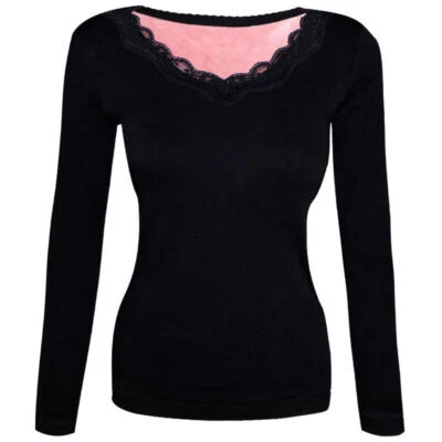 Women Thick Shirt Thermal Underwear Lace V-Neck Fleece Lined Bottoming Tops - Image 1 of 4