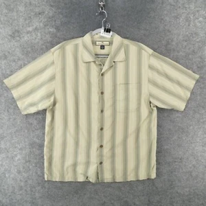 Tommy Bahama Shirt Mens Medium Short Sleeve Beige Green Striped Silk Beach - Picture 1 of 11