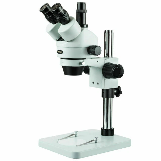 AmScope SM-1TS-V203 7X-45X Zoom Trinocular Stereo Microscope with Table Pillar Stand
