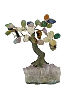 GEMSTONE BONSAI MONEY TREE 36 Mixed Stones on Amethyst Stone Base - Picture 1 of 11