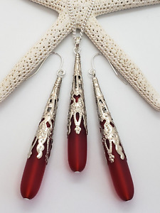 Sea Glass Jewelry Set Antique Style Red Long Teardrops Necklace & Earrings