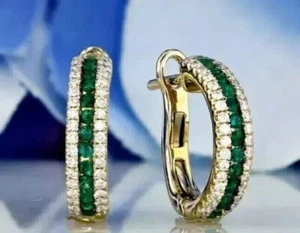 2Ct Round Cut Emerald Simulated Diamond Hoop Earrings 14K Yellow Gold Plated - Picture 1 of 4