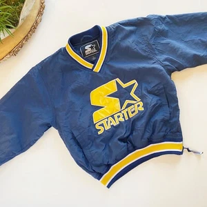 Youth Small 90s Starter Blue/Gold Patch Sewn Logo Spell out Pullover Jacket - Picture 1 of 6