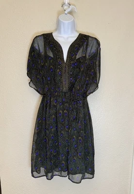 As U Wish Peacock Feather Print Mini Dress Size M Beaded Neckline Belted Boho - Image 1 of 3