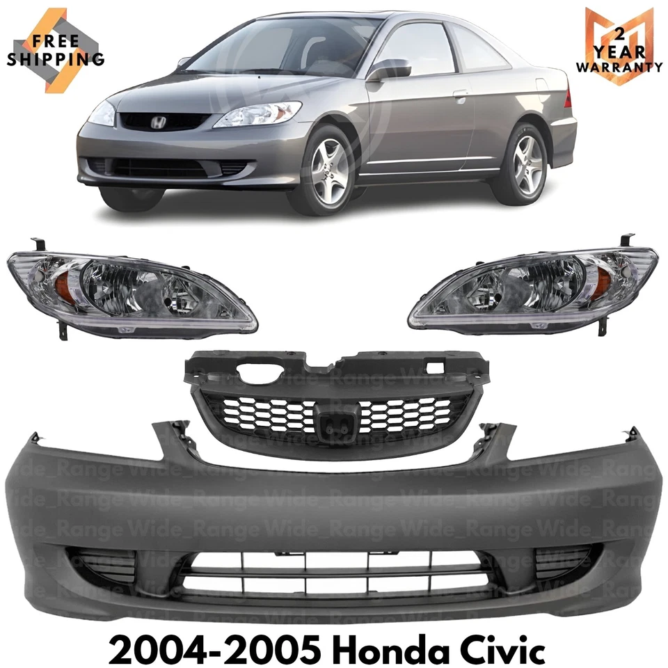 Front Bumper Cover Paintable & Grille Assembly Kit For 2004-2005 Honda Civic - Image 1 of 4