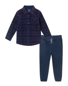 Andy & Evan Plaid Cord Button-Down & Joggers Pant Set - Picture 1 of 6
