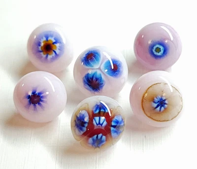 6 Antique Palest Pink Glass Charmstring Buttons w/ Blue Inlays ~ 1/2" to 9/16" - Image 1 of 4