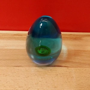 Handblown Art Glass Oblong Egg Shaped Translucent Blue w/ Green Internal Bubble  - Picture 1 of 6