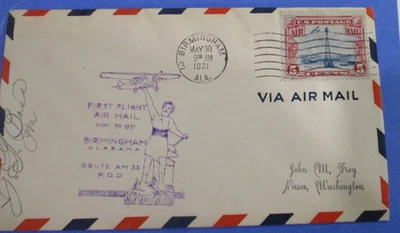 COVER 1931 "CACHET FIRST FLIGHT AIR MAIL R.O.D.. AM 33 BIRMINGHAM, ALABAMA - Image 1 of 4