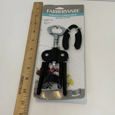 Abridor de botellas de vino sacacorchos alado FARBERWARE con cortador de láminas negro y plateado Foto 1 de 4