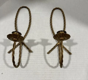 VTG HOMCO BRASS GOLD TONE METAL TWISTED BRAIDED ROPE WALL CANDLE HOLDER SET - Picture 1 of 2