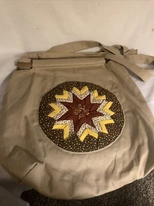Vintage  Quilt Canvas Tote Bag   Wood bar & Handle Boho Floral Prints Star - Picture 1 of 9