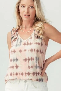 TIE-DYE V NECK RUFFLE STRAP TANK - Picture 1 of 3