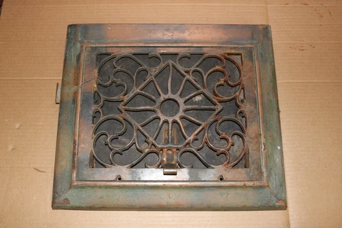 Antique Ornate BRASS Vintage Floor/Wall Grate Air Register Vent 12 x14 WORKS Cover