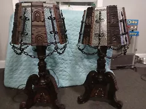 Antique Spanish Revival Brutalist Medieval Gothic Heavy Carved Wood Lamps 32" - Picture 1 of 13