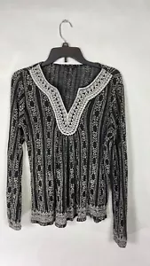 Lucky Brand Womens Tunic Blouse Boho V Neck Geometric Print Size Small Linen - Imagen 1 de 18