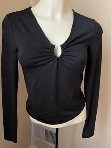 H.M. Women's Top Black Polyester Blend Long Sleeve Plunge V-Neck Stretch Shirt S - Picture 1 of 5