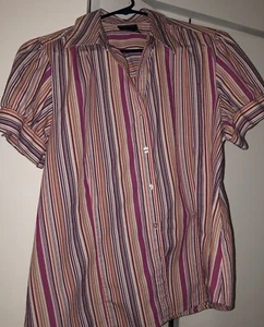 George Stretch Striped Button Down Short Sleeve Shirt Top Size Large Womens - Picture 1 of 16
