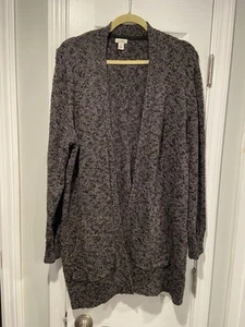 L.L. Bean Size 1X Black Gray 100% Cotton Open Front Long Cardigan Pockets - Picture 1 of 12