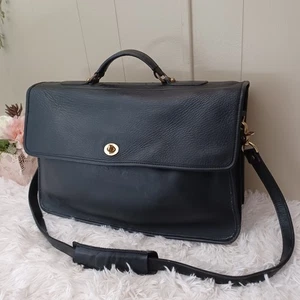 Vintage Slim Black Leather Briefcase Bag With Turn Lock - Picture 1 of 14
