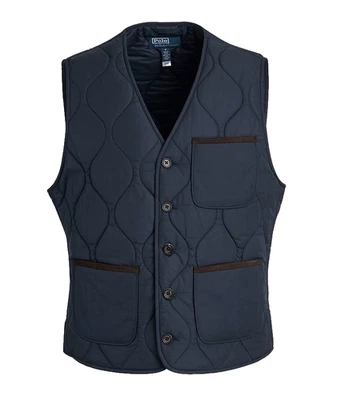 Polo Ralph Lauren Navy Quilted Suede Trim Patch Pockets Button Vest XL $398 - Image 1 of 4