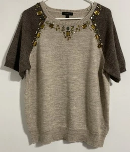 J. Crew Sweater Women's L Wool Alpaca Beige Brown Embellished Jewelled Bling - Picture 1 of 21