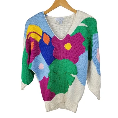 Suéter Pullover Vintage Años 80 Glam Talla Mediana Brillante Floral Bronceado Fiesta Tropical  Foto 1 de 4