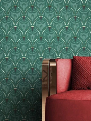 Tapete Vliestapete Grün Pfauenfeder Blätter Ornament Mustertapete Retro - Bild 1 von 4