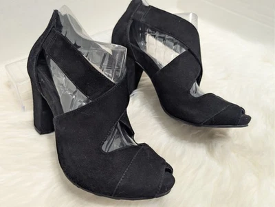 Easy Spirit Renske 女式十字交叉绑带露趾高跟鞋 8.5 码黑色麂皮绒 — 第 1/4 张图片