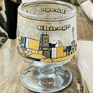 Vtg MCM Chicago Skyline Shot Glass Gold Tone Black Stem Base - Picture 1 of 8