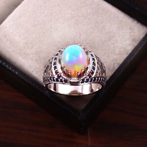 Natürlich Feuer Opal & Saphir Edelstein Mit 925 Sterlingsilber Ring für Herren