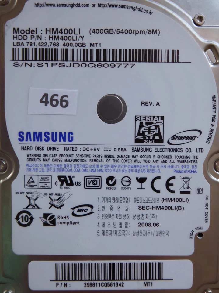 400GB Samsung HM400LI /Y | P/N: 298811CQ561342 MT1 | 2008.06 #466 - Bild 1 von 1