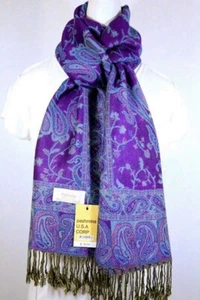 Damen Pashmina Schal Tuch Lila Türkis, Paisley. Seide Kaschmir. Weich* - Bild 1 von 4