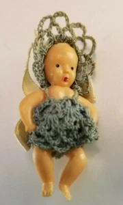 Kewpie Doll Miniature Tiny 1.75" Hand Crocheted Clothing Plastic Hong Kong  A20 - Picture 1 of 7