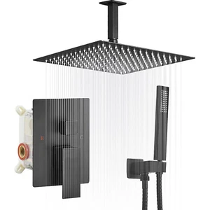 Black Shower Faucet Set System Ceiling 8" Rainfall Head Combo Kit w/ Mixer Valve - Picture 1 of 8