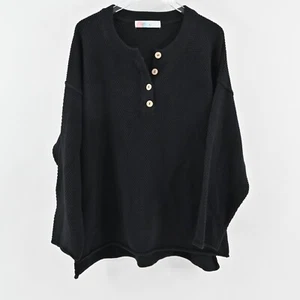 FREE PEOPLE Womens Hailee Sweater Size XL FP Beach Black Waffle Knit Henley Top - Picture 1 of 12