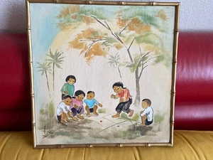  LOU FIRMADO ORIGINAL VINTAGE CHINO ÓLEO SOBRE LIENZO ENMARCADO 16.25" X 16.25"  - Imagen 1 de 4