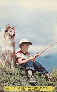 Vintage Postcard Collie Dog Boy Fishing Huber's City Drug Store Vernon Texas - Picture 1 of 2
