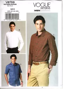 Vogue Men V8759 Mens Button Up Dress Shirt Size 40 to 46 Uncut Sewing Pattern - Picture 1 of 2