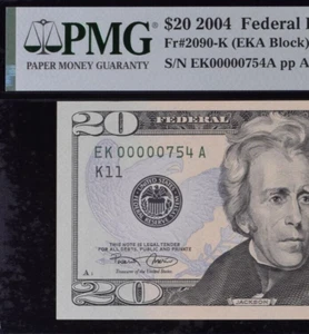 2004 $20 Federal Reserve Note PMG 64EPQ wanted popular low serial number 0000754 - Picture 1 of 3