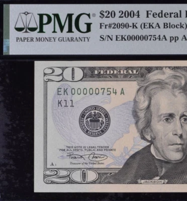 2004 $20 Federal Reserve Note PMG 64EPQ wanted popular low serial number 0000754 - Image 1 of 3