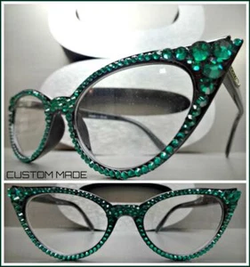 Classy Elegant Retro Cat Eye READING EYE GLASSES READERS Green Crystals HANDMADE - Picture 1 of 8