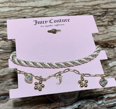 Juicy Couture Joyería Oro Tobillo Brazalete Conjunto de 2 piezas Logo Blanco Cuerda Tela Foto 1 de 4