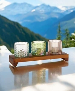 EDLER 3-er Kerzenständer ELAMBIA Luxus Teelichthalter Holz 3-farbige Gläser QVC - Bild 1 von 10
